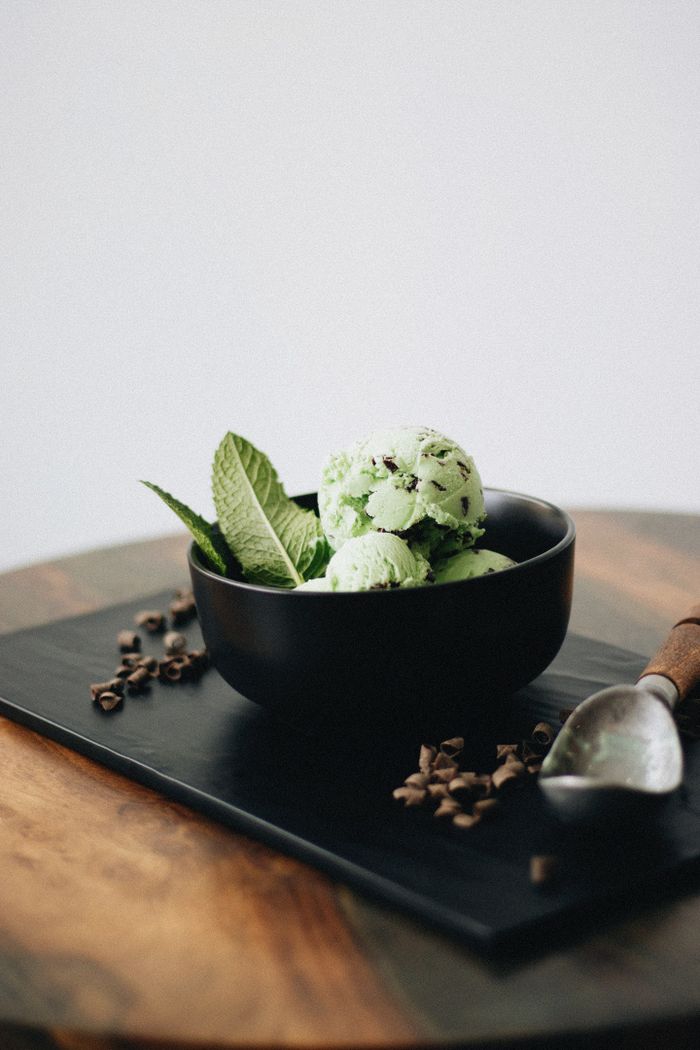 Services A gourmet presentation of mint chocolate chip ice cream in a dark bowl with chocolate chips and fresh mint leaves.