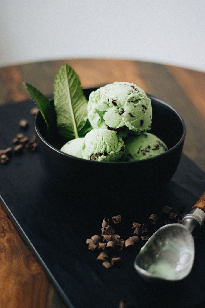 Home Delicious mint chocolate chip ice cream with fresh mint in a stylish black bowl.